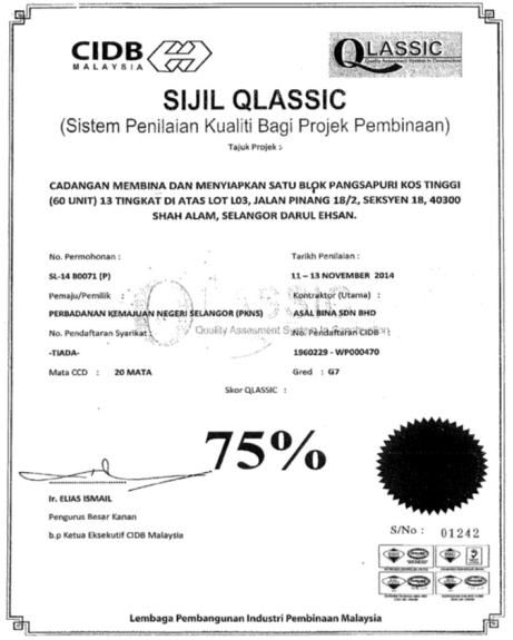 QLASSIC certificate — 60 Unit Pangsapuri Kos Tinggi, Jalan Pinang, Seksyen 18, Shah Alam